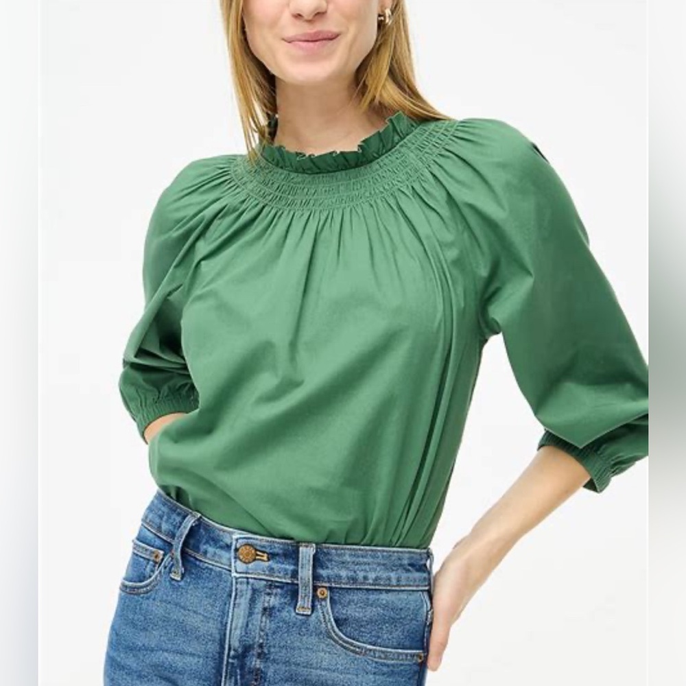 J. Crew Green Smocked Top